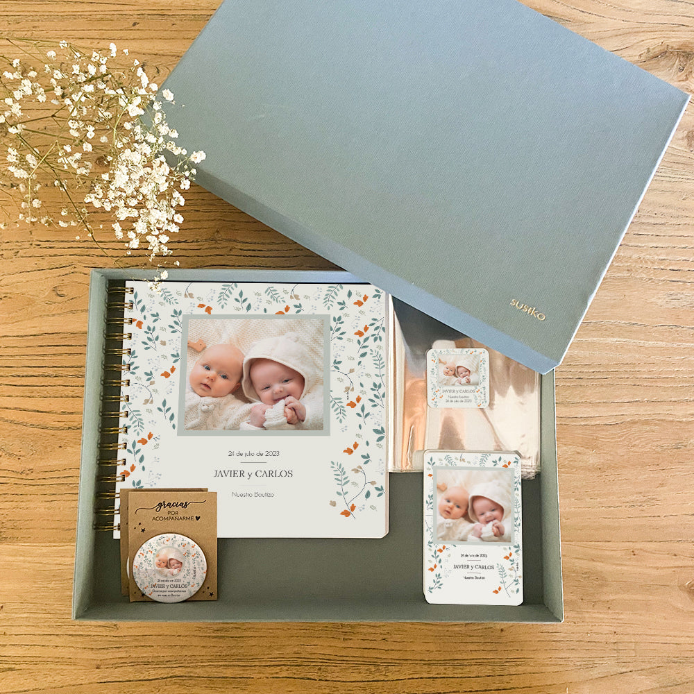 Twin Baptism Pack Box- Reminders, Album, Magnets and Personalized Gift Bags